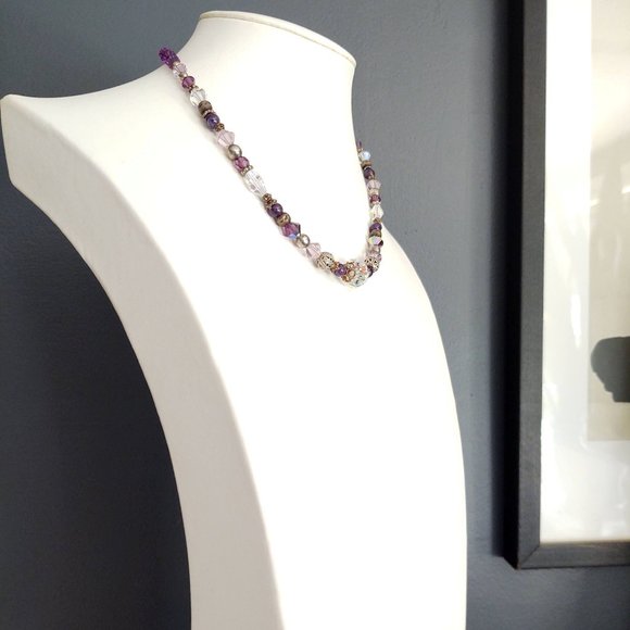 Purple and clear glass necklace with silver accents - Picture 3 of 12